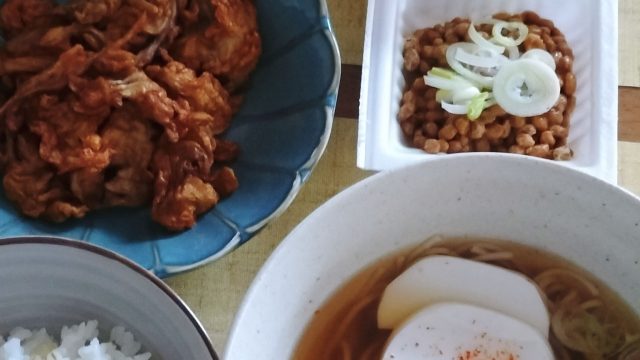 朝ごはん：うどんと納豆の組み合わせ２