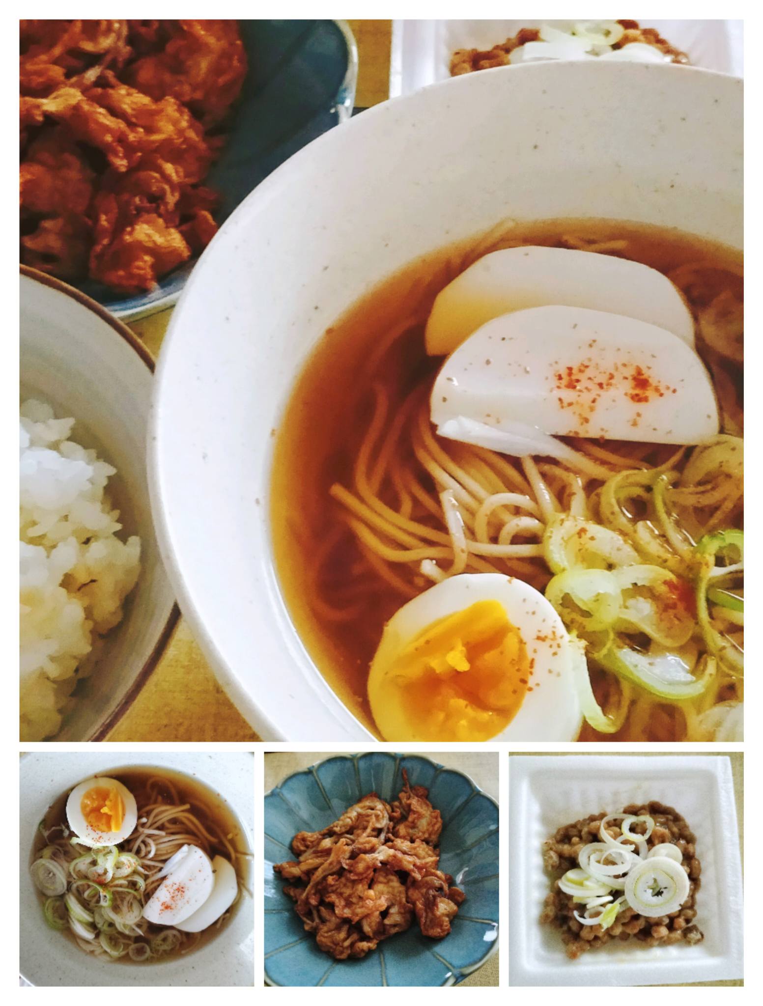 朝ごはん：うどんと納豆の組み合わせ